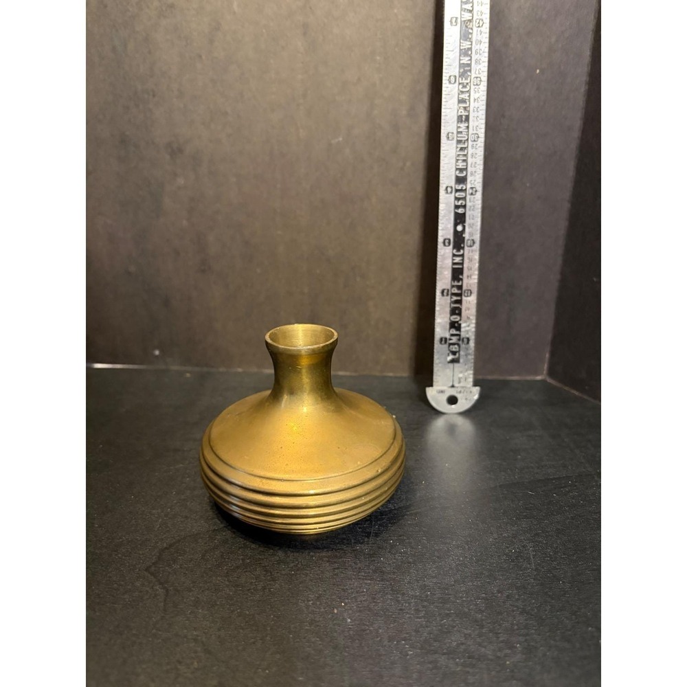 Vintage Solid Brass Bud Vase Ribbed Tiered Base Small Round Gold Decorative Vase